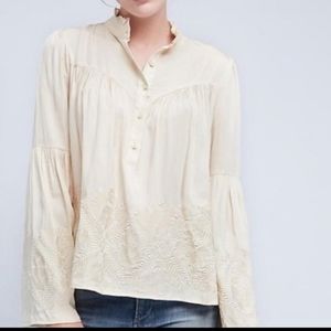 Eri + Ali Anthropologie Cream Embroidered Boho Swing Top with Bell Sleeves XL